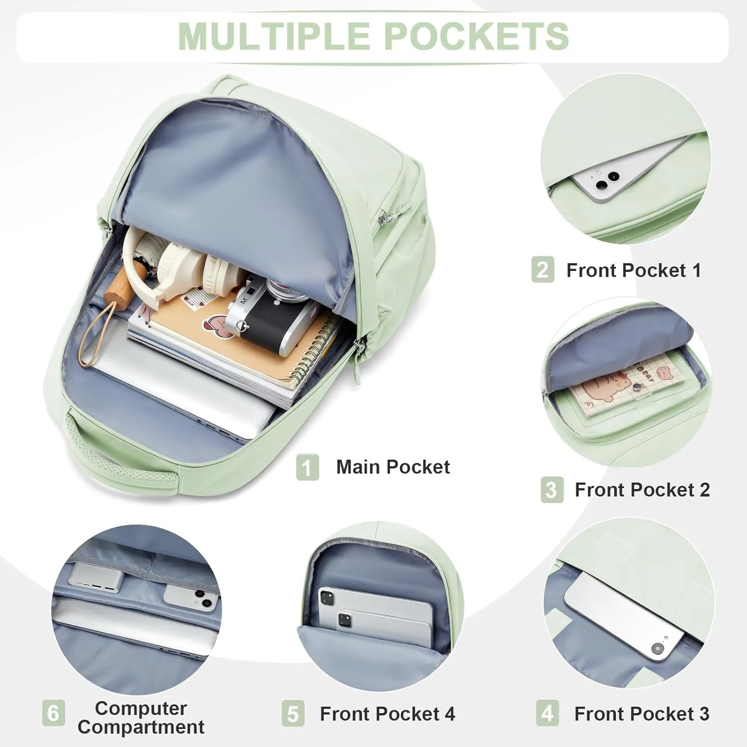 Cute School Backpack for Teens Girls Boys Waterproof School Bag Basic Backpack for College Students Multi Pocket Backpack Lightweight Casual Daypack Backpacks for Women Men（MintGreen）