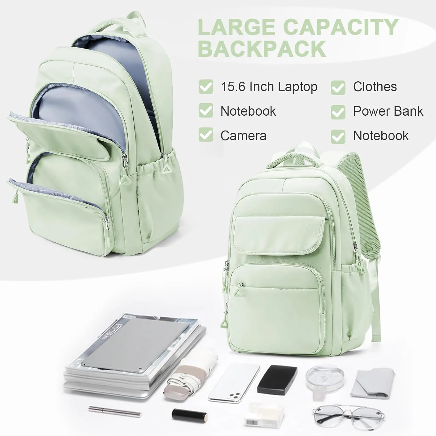 Cute School Backpack for Teens Girls Boys Waterproof School Bag Basic Backpack for College Students Multi Pocket Backpack Lightweight Casual Daypack Backpacks for Women Men（MintGreen）