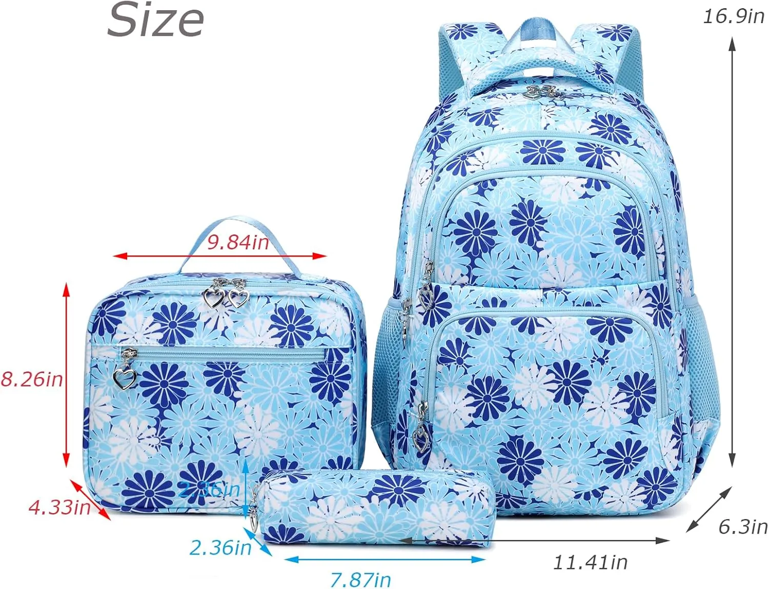 Daisy Printed Backpack for Girl Kid 3pcs Set Bookbag with Lunch Box Daypack, Elementary School bag for Teen Girls