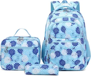 Daisy Printed Backpack for Girl Kid 3pcs Set Bookbag with Lunch Box Daypack, Elementary School bag for Teen Girls