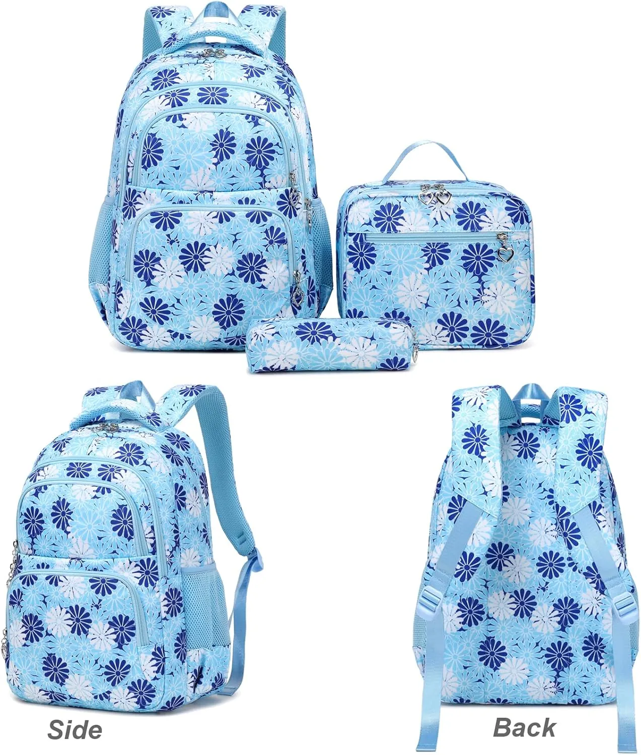 Daisy Printed Backpack for Girl Kid 3pcs Set Bookbag with Lunch Box Daypack, Elementary School bag for Teen Girls