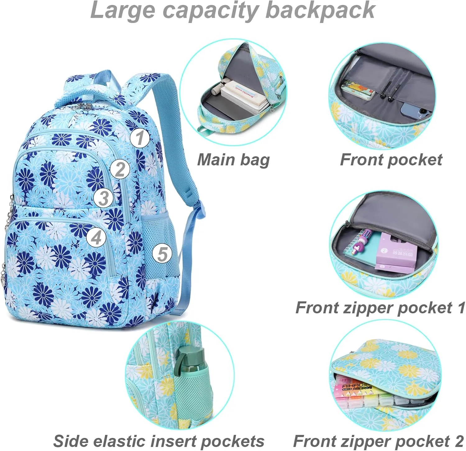 Daisy Printed Backpack for Girl Kid 3pcs Set Bookbag with Lunch Box Daypack, Elementary School bag for Teen Girls