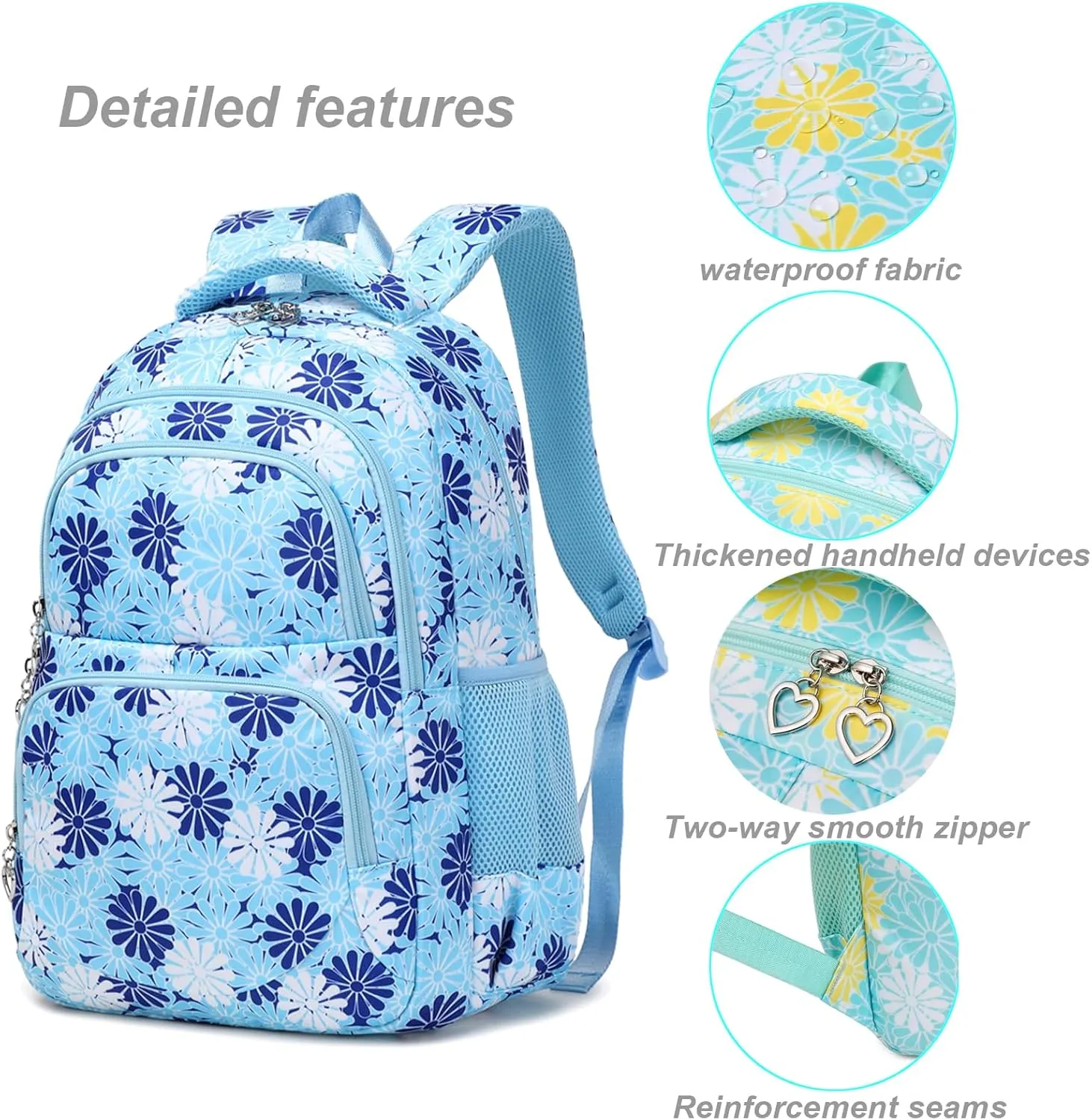 Daisy Printed Backpack for Girl Kid 3pcs Set Bookbag with Lunch Box Daypack, Elementary School bag for Teen Girls