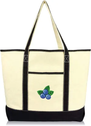 DALIX Blueberry Tote Bag Reusable Grocery Natural Canvas Fruits in Black
