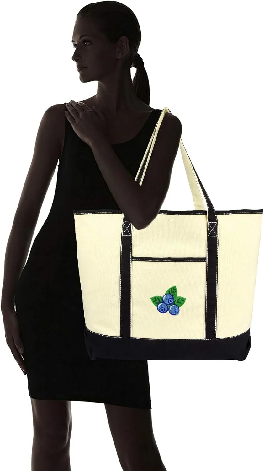 DALIX Blueberry Tote Bag Reusable Grocery Natural Canvas Fruits in Black