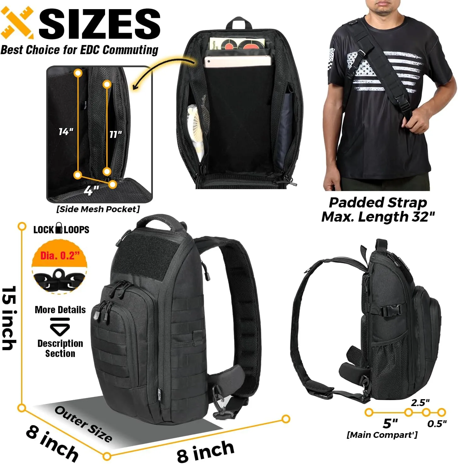 DBTAC Tactical Personal Defense EDC Bags & Packs | 10L Military Shoulder Backpack with Sling for Concealed Carry, Range, Travel, Hiking, Outdoor Sports (Black)