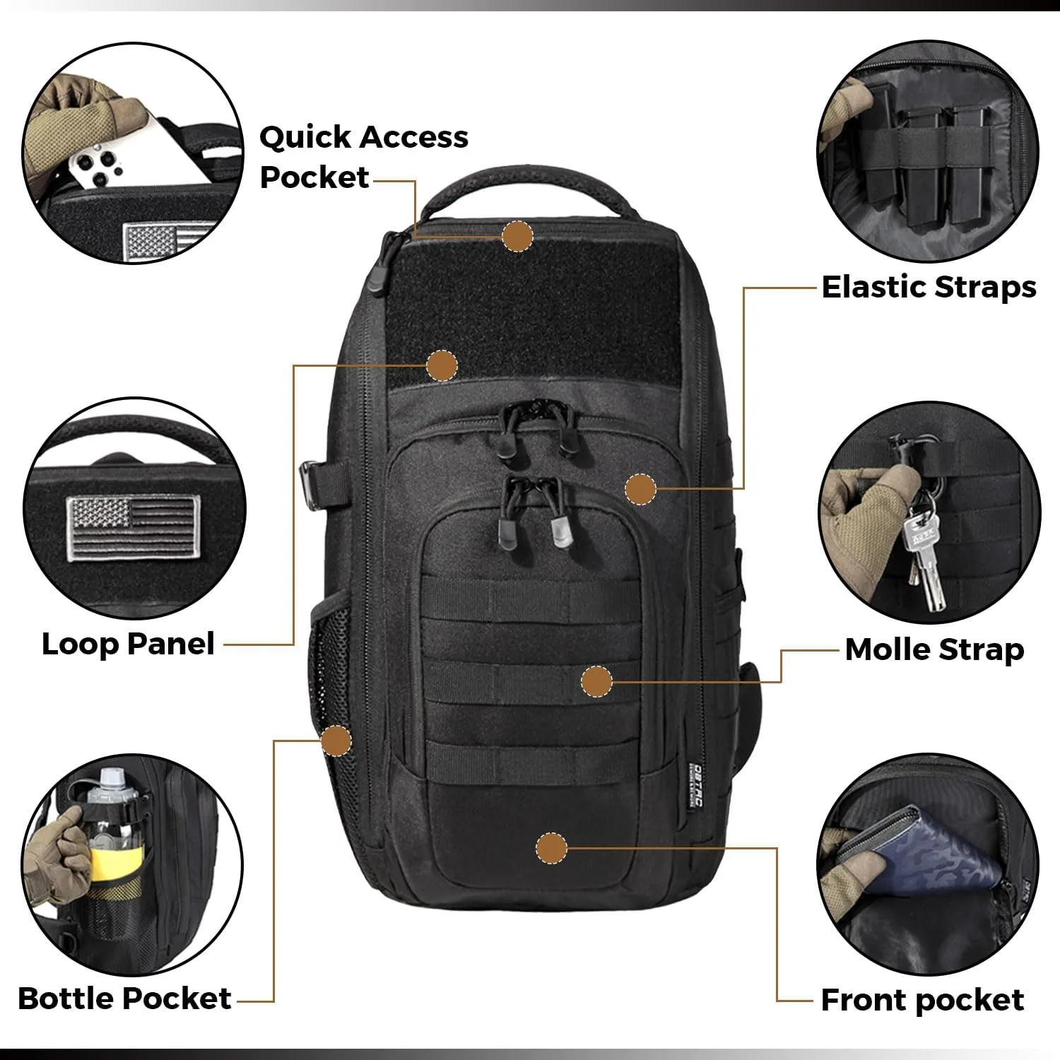 DBTAC Tactical Personal Defense EDC Bags & Packs | 10L Military Shoulder Backpack with Sling for Concealed Carry, Range, Travel, Hiking, Outdoor Sports (Black)