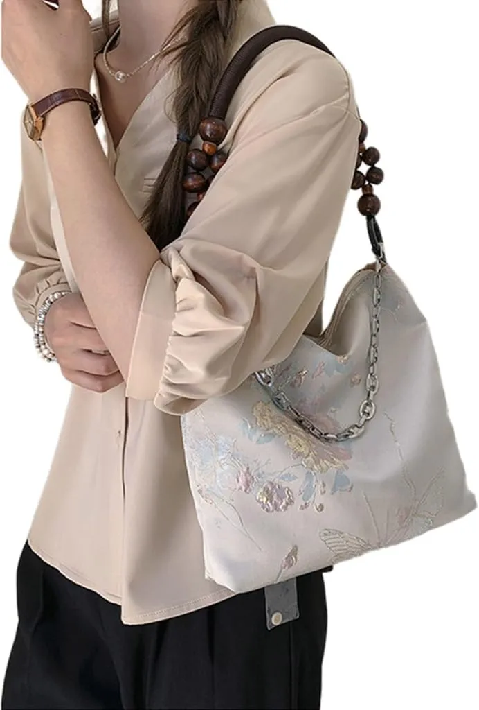 Delicate Nylon Embroidered Handbag Traditional Chinese Underarm Purse Craftsmanship Soft Fabric Shoulder Bag