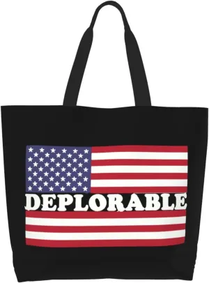 Deplorable American Flag Canvas Tote Bags for Women, Ladies Shoulder Handbags Large Purse Lightweight Foldable Reusable Shopping Bag with Pockets for Work, Travel, 15.7x19.7in