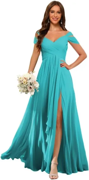 Dessiny Off The Shoulder Bridesmaid Dresses for Women with Slit Pleated Chiffon Formal Evening Dress with Pockets DE01