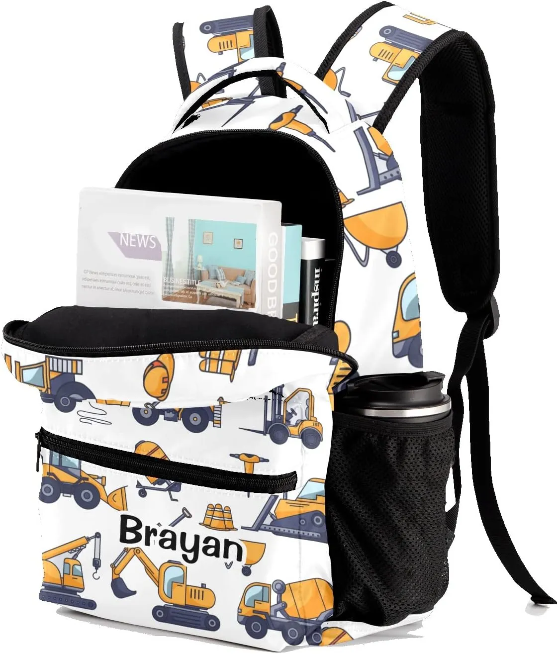 Deven Cute Construction Truck Personalized Kids Backpack for Boy/Girl Teen Primary School Daypack Travel Bag Bookbag