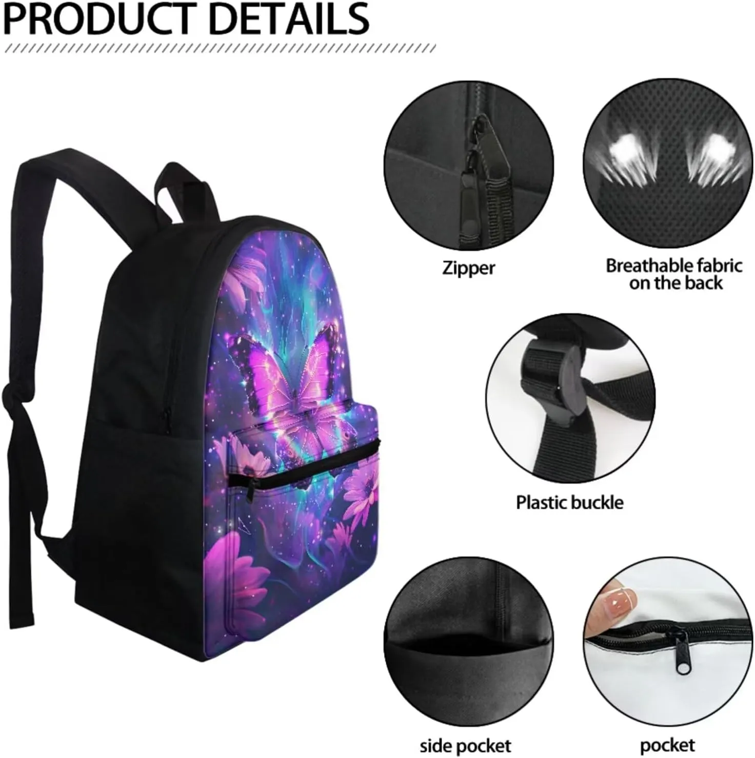 DISNIMO Purple Butterfly Backpack for School Girls Flower Cute Girls Backpacks Ages 8-10 Elementary Backpack with Lunch Box Pencil Case 3 Pcs Kids Backpack School Bag Set Junior Children Schoolbag