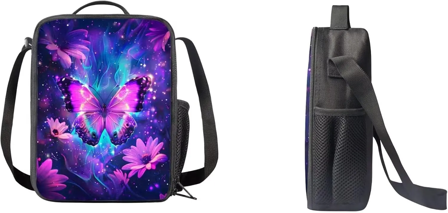 DISNIMO Purple Butterfly Backpack for School Girls Flower Cute Girls Backpacks Ages 8-10 Elementary Backpack with Lunch Box Pencil Case 3 Pcs Kids Backpack School Bag Set Junior Children Schoolbag