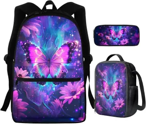 DISNIMO Purple Butterfly Backpack for School Girls Flower Cute Girls Backpacks Ages 8-10 Elementary Backpack with Lunch Box Pencil Case 3 Pcs Kids Backpack School Bag Set Junior Children Schoolbag
