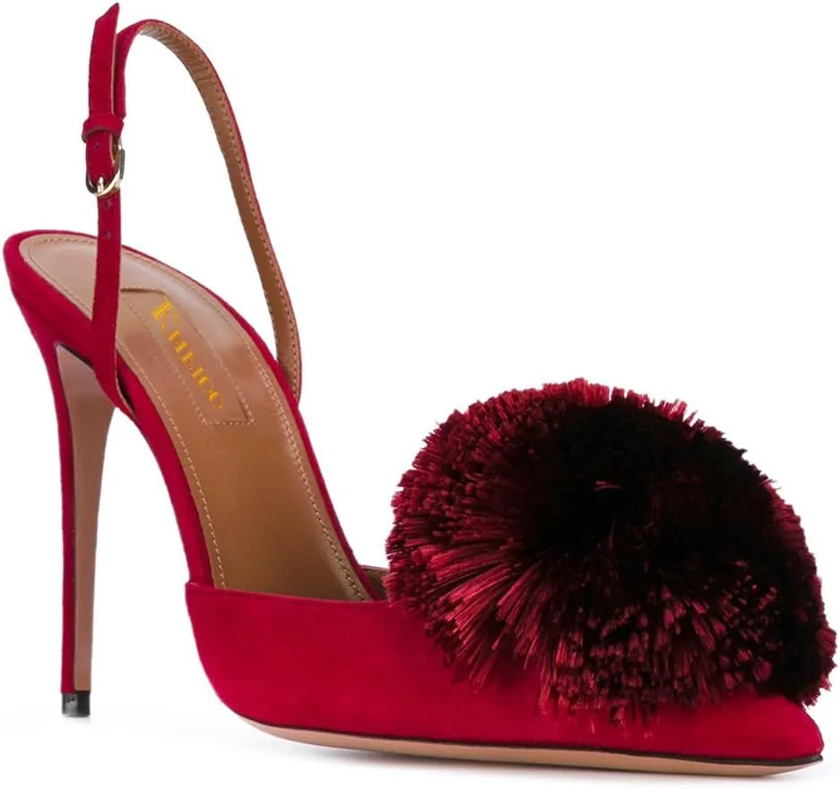 Divanne Pumps for Women,Puff Pompom High Heels Pointed Toe Slingback Pumps Stiletto Heel Sandals Evening Party Wedding Shoes