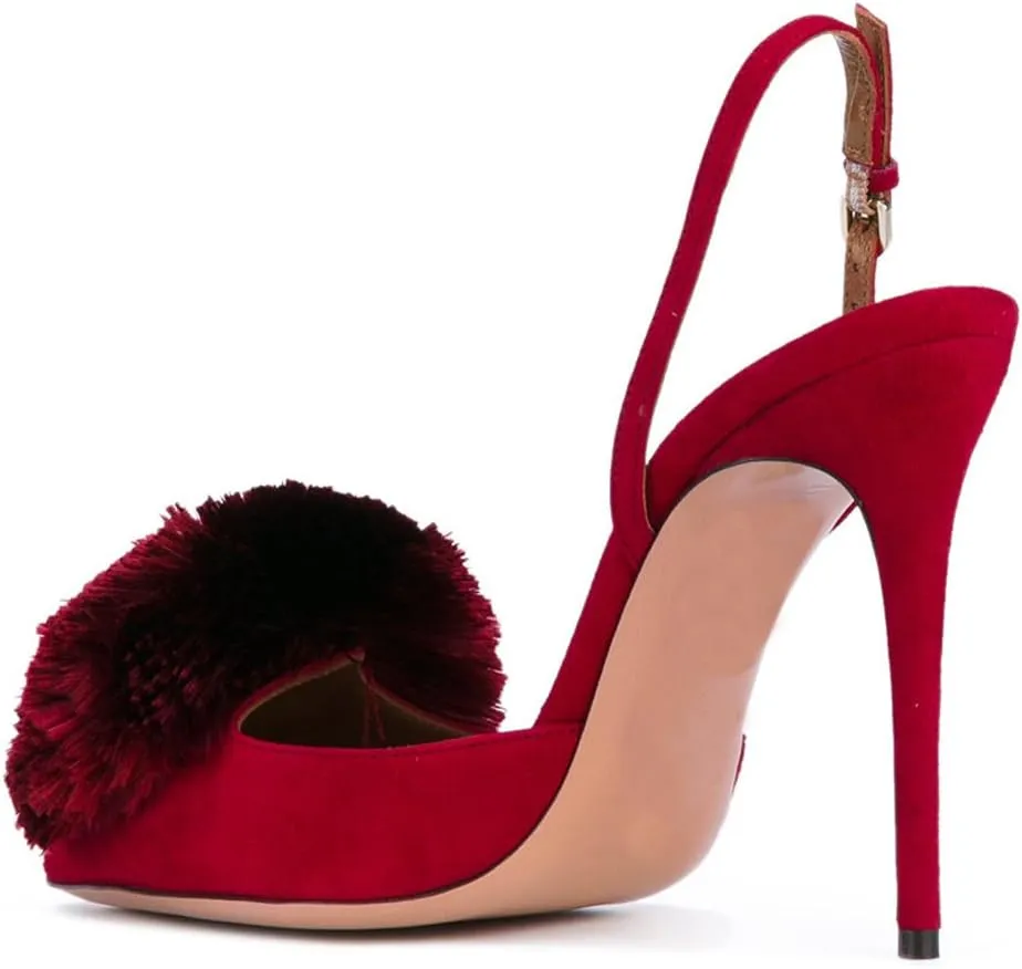 Divanne Pumps for Women,Puff Pompom High Heels Pointed Toe Slingback Pumps Stiletto Heel Sandals Evening Party Wedding Shoes