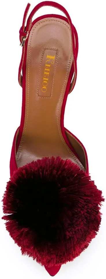 Divanne Pumps for Women,Puff Pompom High Heels Pointed Toe Slingback Pumps Stiletto Heel Sandals Evening Party Wedding Shoes