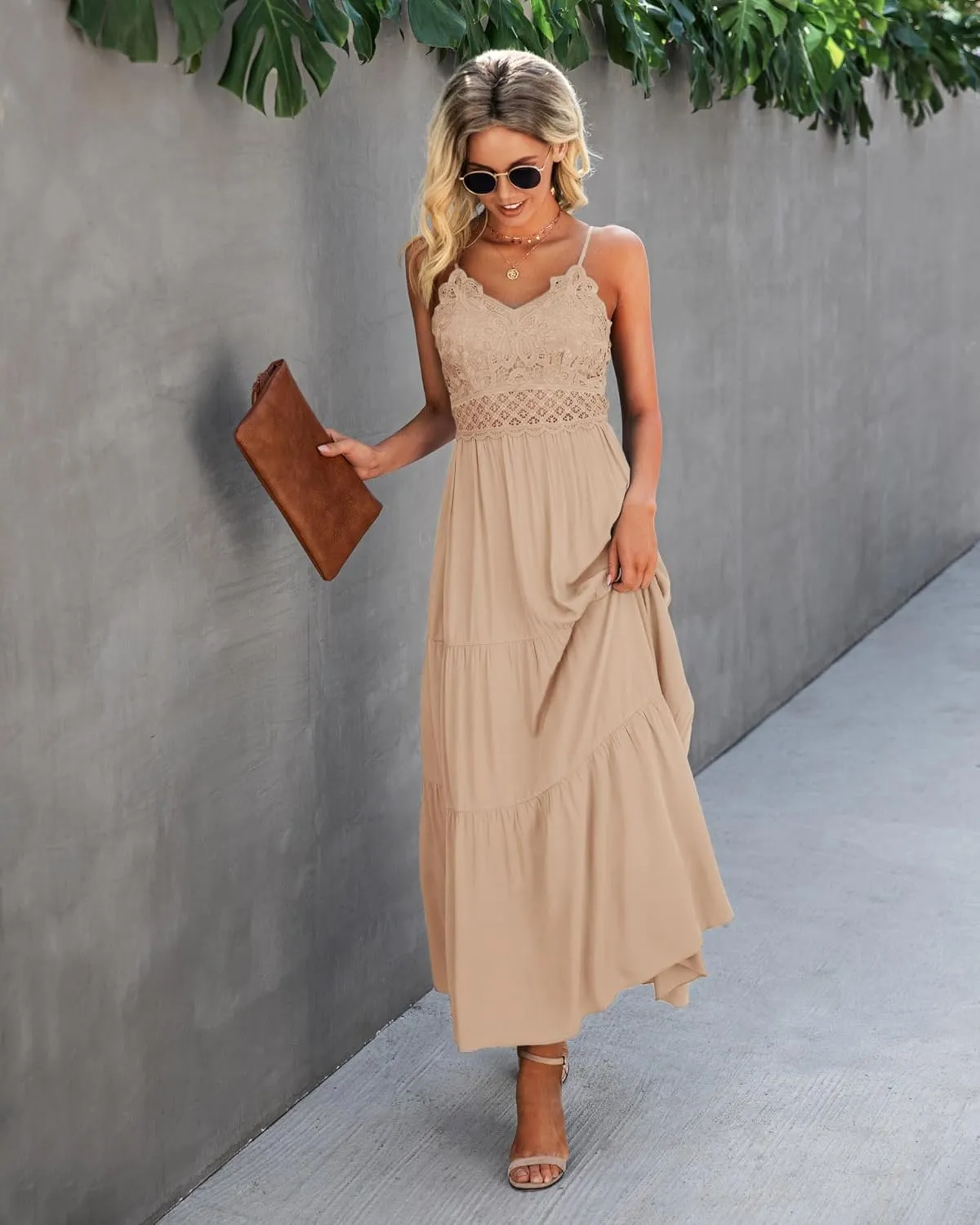 Dokuritu Women's Beach Crochet Lace Maxi Dress Solid Color Summer Vacation Spaghetti Strap Long Dress 2024