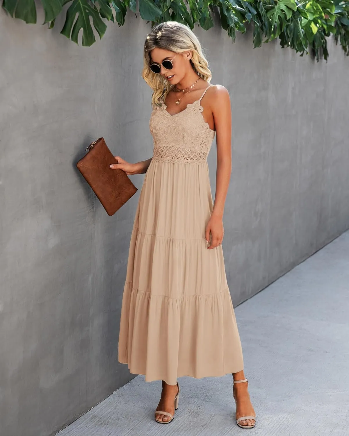 Dokuritu Women's Beach Crochet Lace Maxi Dress Solid Color Summer Vacation Spaghetti Strap Long Dress 2024