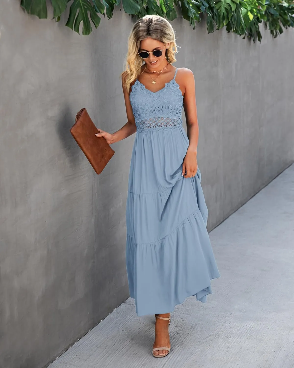 Dokuritu Women's Beach Crochet Lace Maxi Dress Solid Color Summer Vacation Spaghetti Strap Long Dress 2024