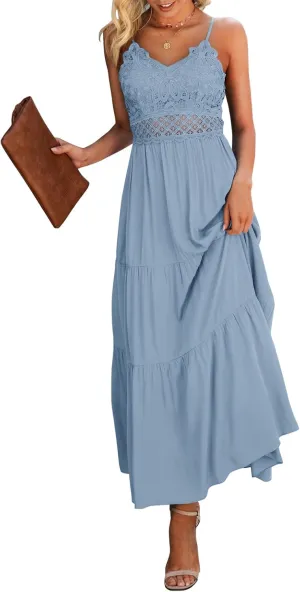 Dokuritu Women's Beach Crochet Lace Maxi Dress Solid Color Summer Vacation Spaghetti Strap Long Dress 2024