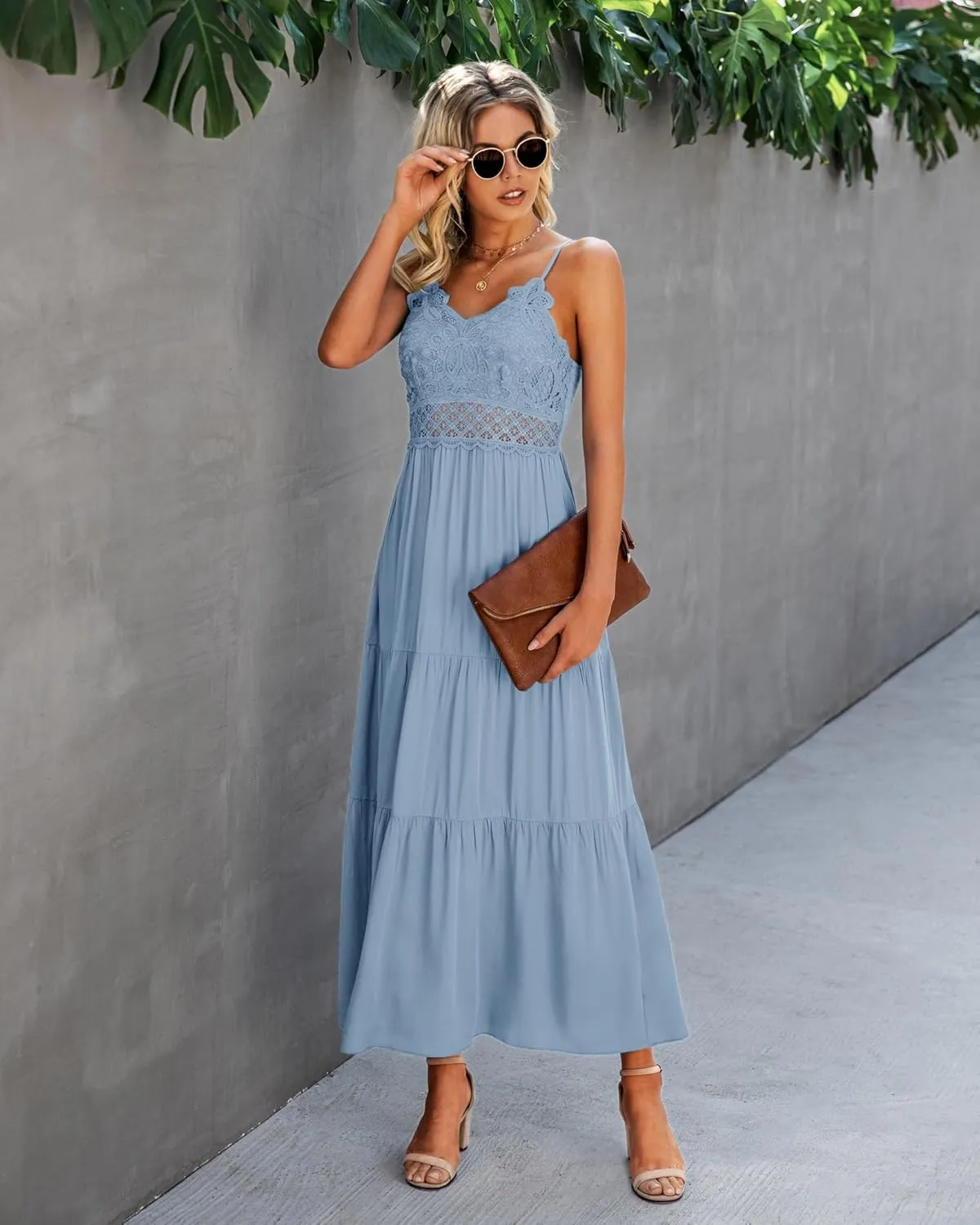 Dokuritu Women's Beach Crochet Lace Maxi Dress Solid Color Summer Vacation Spaghetti Strap Long Dress 2024
