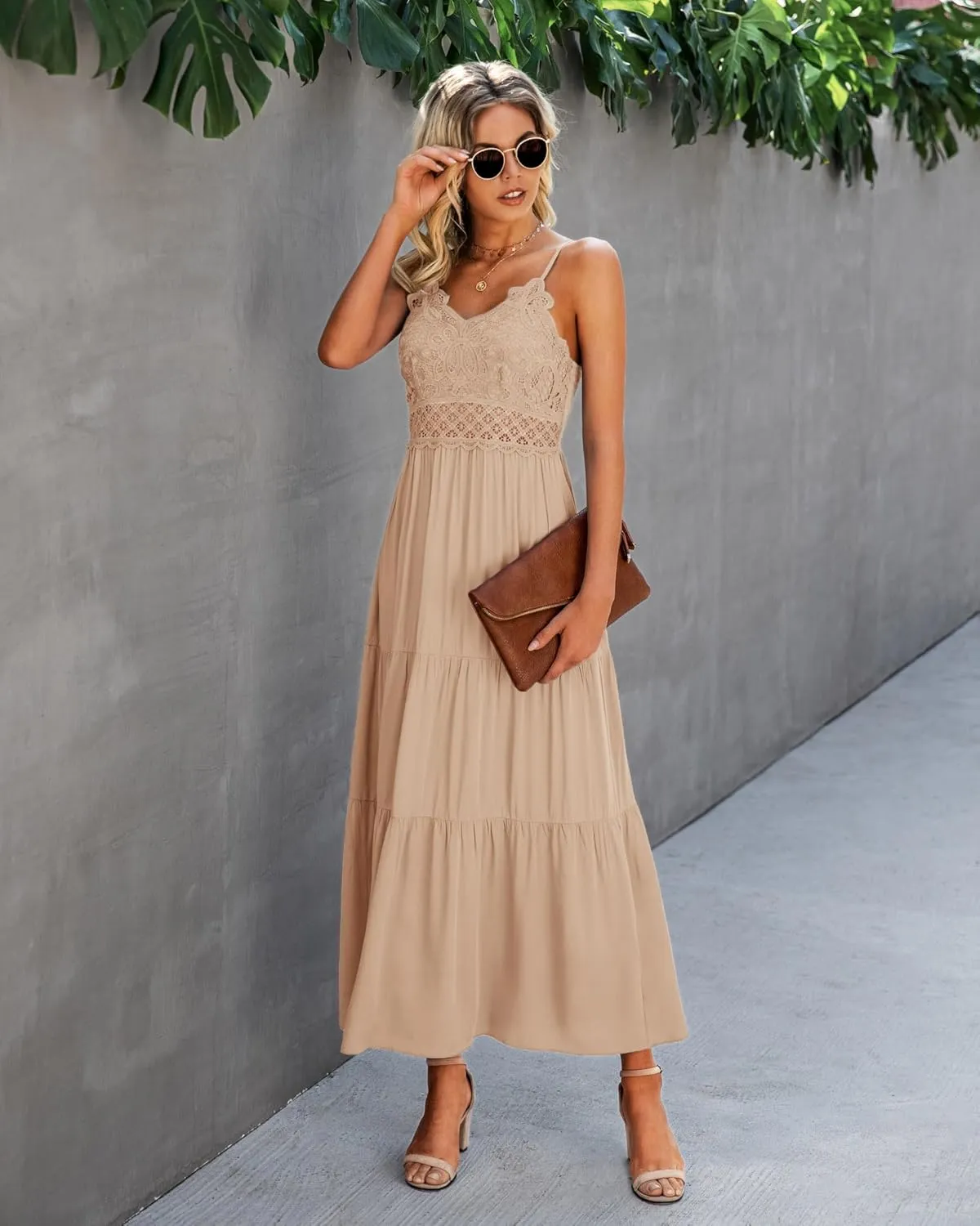 Dokuritu Women's Beach Crochet Lace Maxi Dress Solid Color Summer Vacation Spaghetti Strap Long Dress 2024