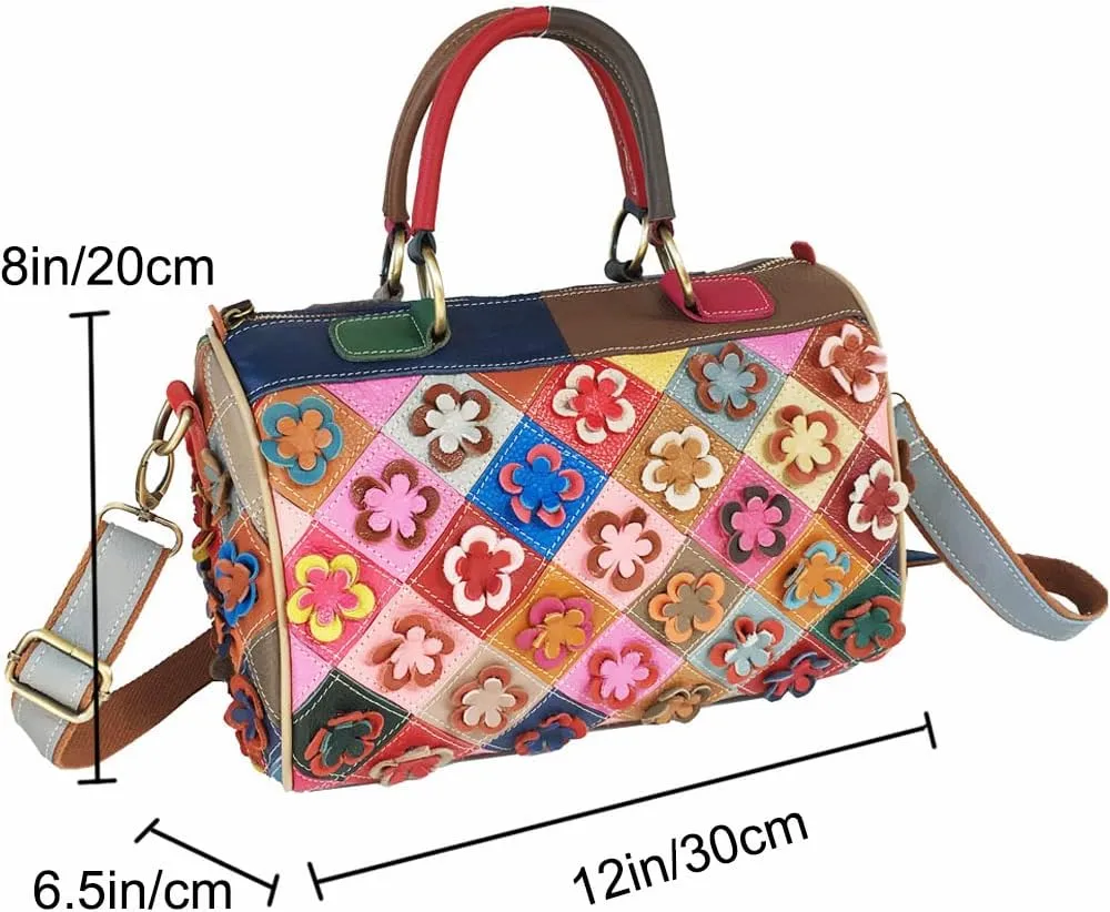 Downupdown Genuine Leather Boston Bags for Women 3D Floral Top Handle Handbags Purses Satchel Shoulder Crossbody Bag Tote Bag