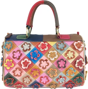 Downupdown Genuine Leather Boston Bags for Women 3D Floral Top Handle Handbags Purses Satchel Shoulder Crossbody Bag Tote Bag