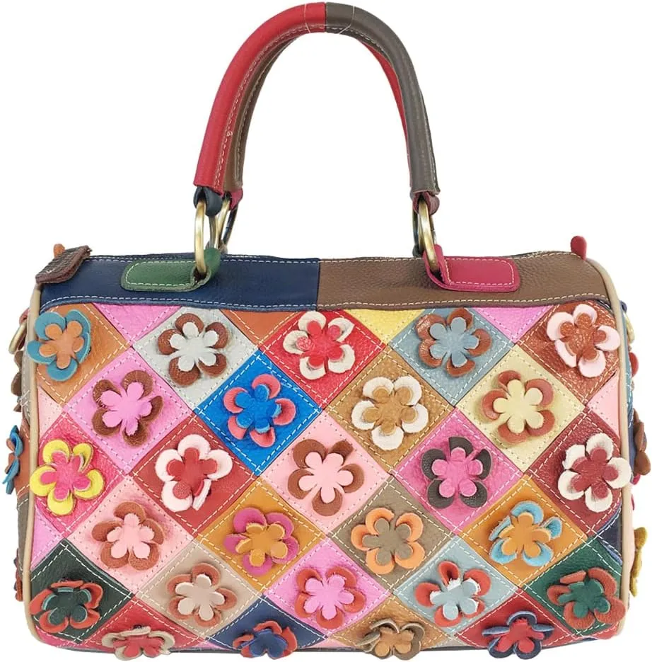 Downupdown Genuine Leather Boston Bags for Women 3D Floral Top Handle Handbags Purses Satchel Shoulder Crossbody Bag Tote Bag