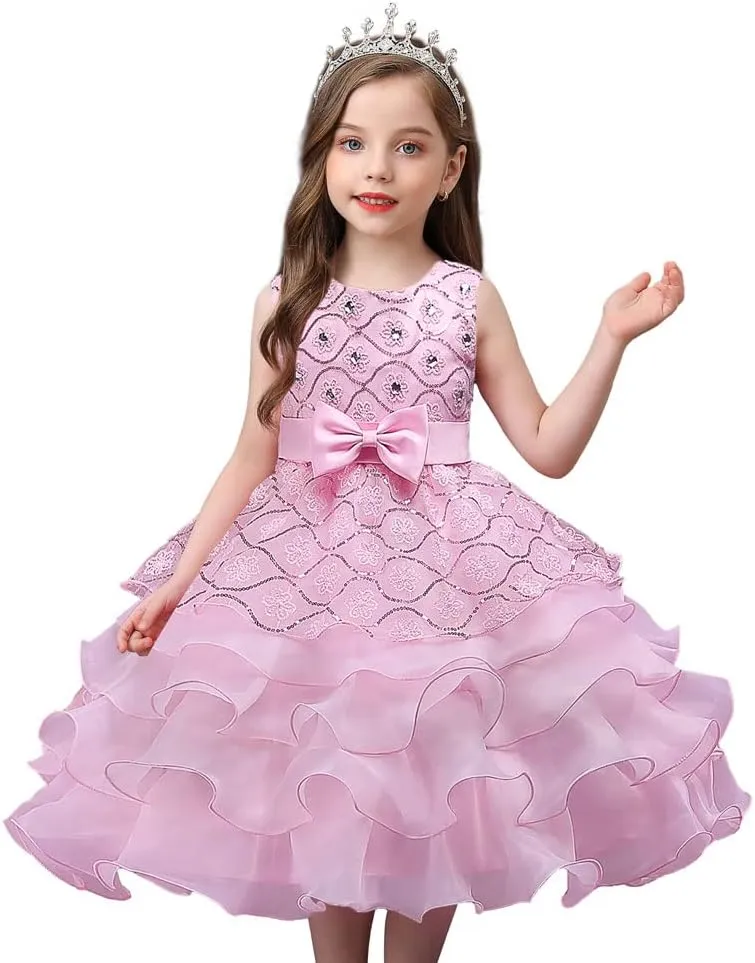 DreamHigh Wedding Flower Girl's Ruffles Lace Cute Bow Waist Evening Dress up