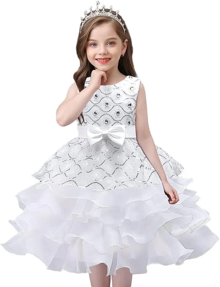 DreamHigh Wedding Flower Girl's Ruffles Lace Cute Bow Waist Evening Dress up