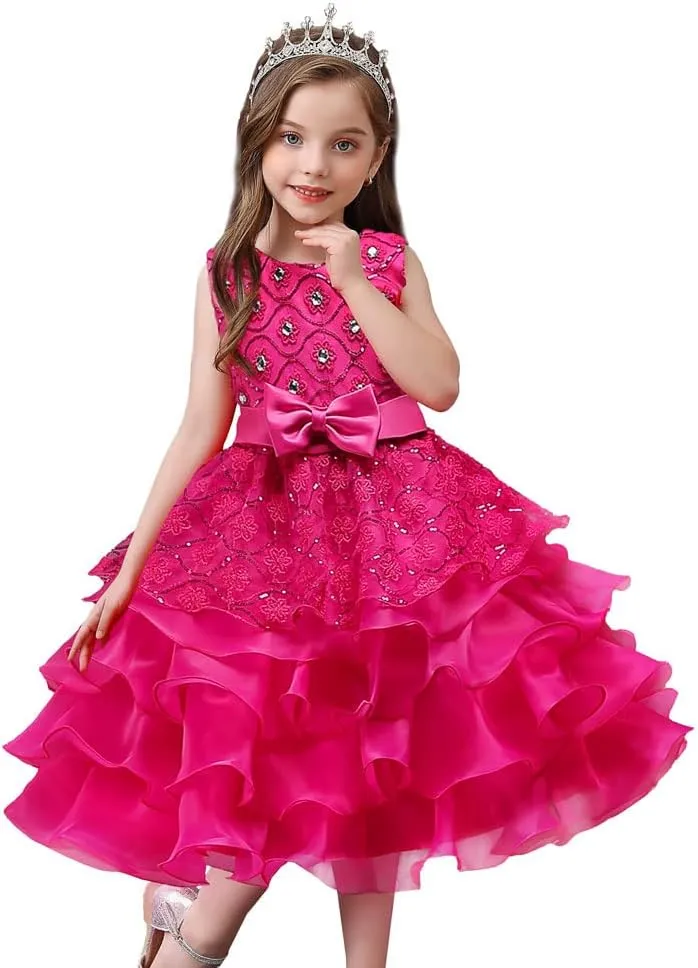DreamHigh Wedding Flower Girl's Ruffles Lace Cute Bow Waist Evening Dress up