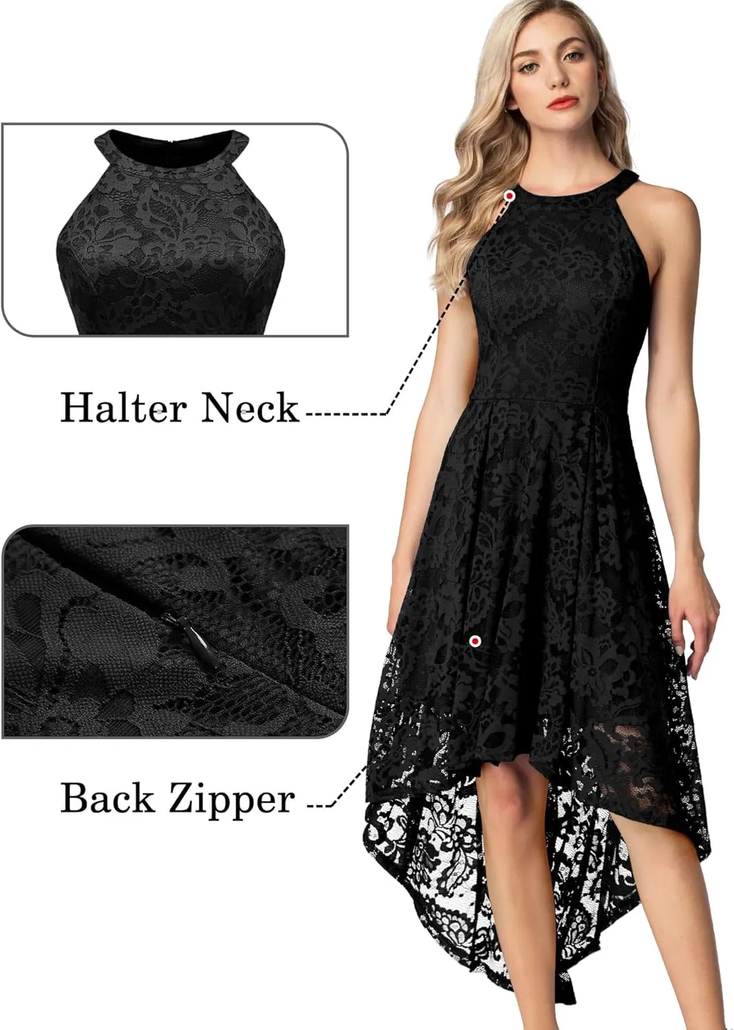 Dressystar Women Halter Lace Wedding Guest Dress Hi-Lo Cocktail Party Bridesmaid Formal Dresses