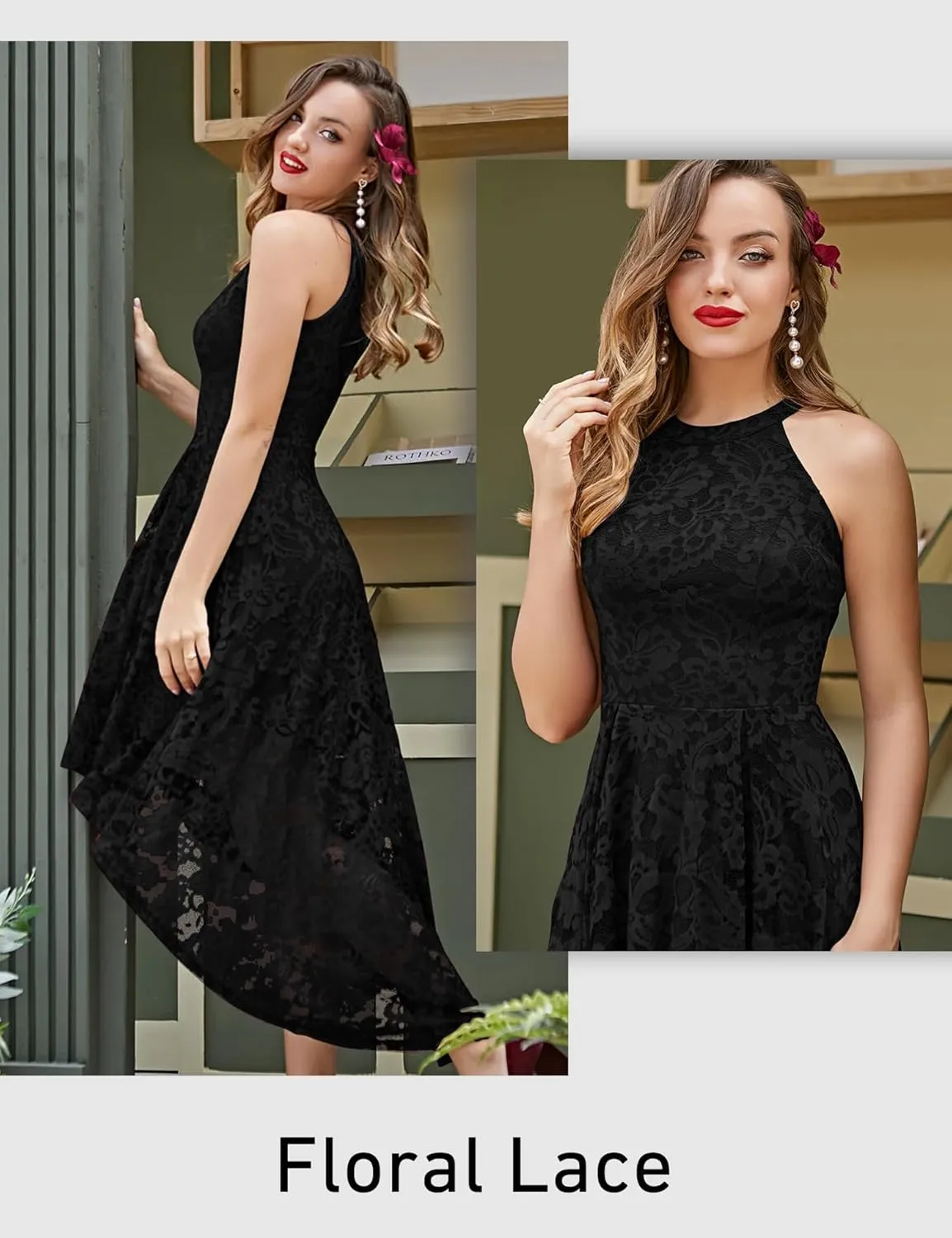 Dressystar Women Halter Lace Wedding Guest Dress Hi-Lo Cocktail Party Bridesmaid Formal Dresses