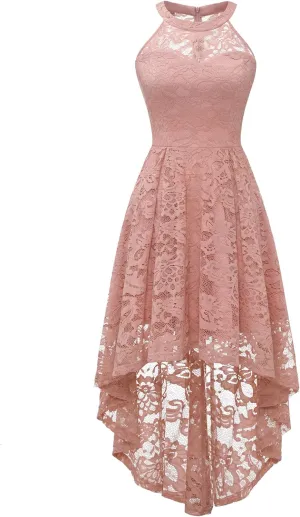 Dressystar Women's Halter Lace Cocktail Wedding Guest Dress Hi-Lo Bridesmaid Party Dresses with Sheer Neckline