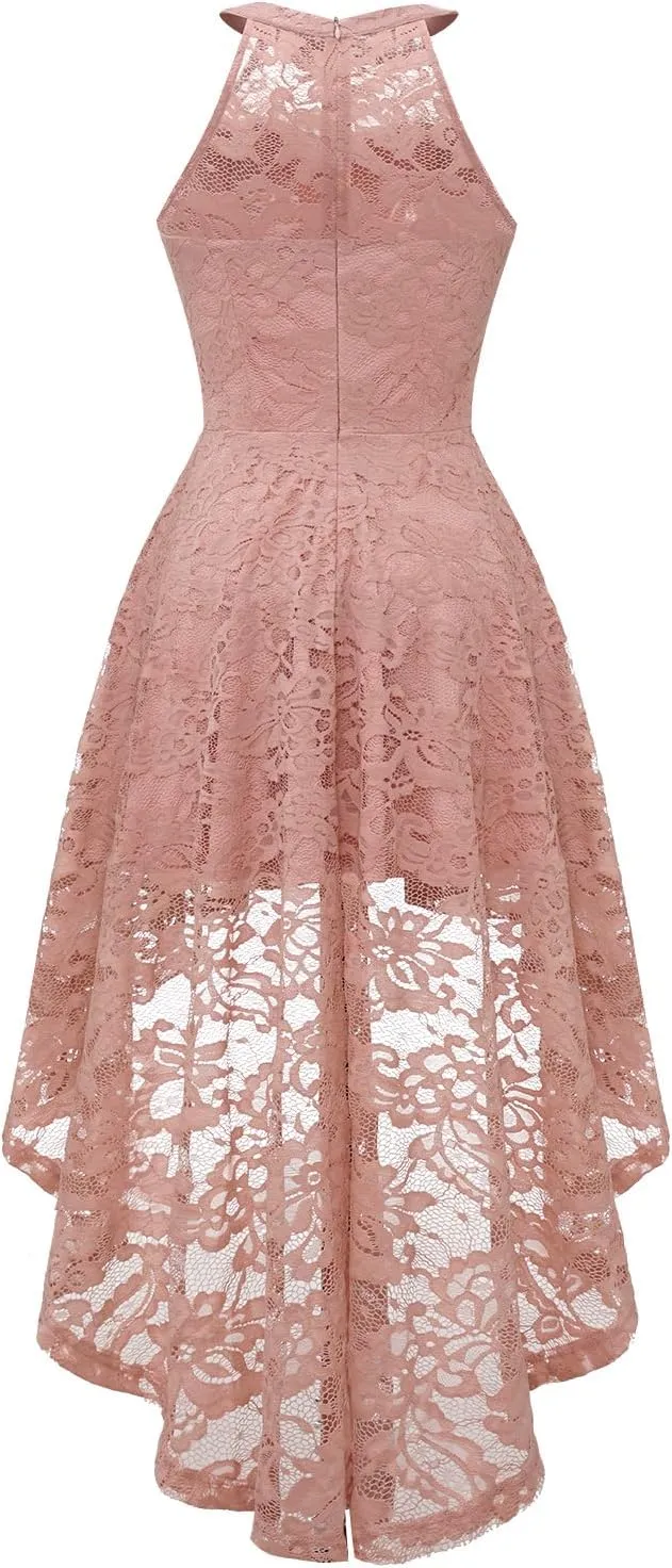 Dressystar Women's Halter Lace Cocktail Wedding Guest Dress Hi-Lo Bridesmaid Party Dresses with Sheer Neckline