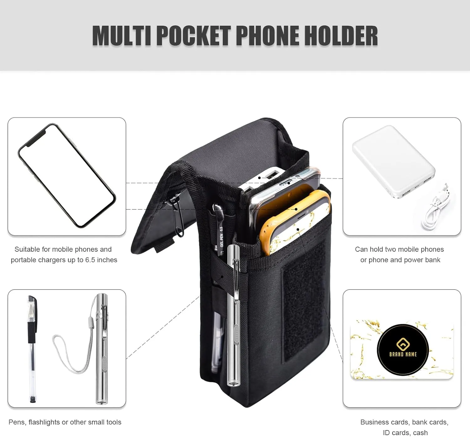 Dual Phone Holster,Belt Phone Pouch, Large Smartphone Pouch Cell Phone Holder, Multi-Purpose Tactical Cell Phone Holder for Work, Hiking, Camping, Barbecue, Rescue (Black)