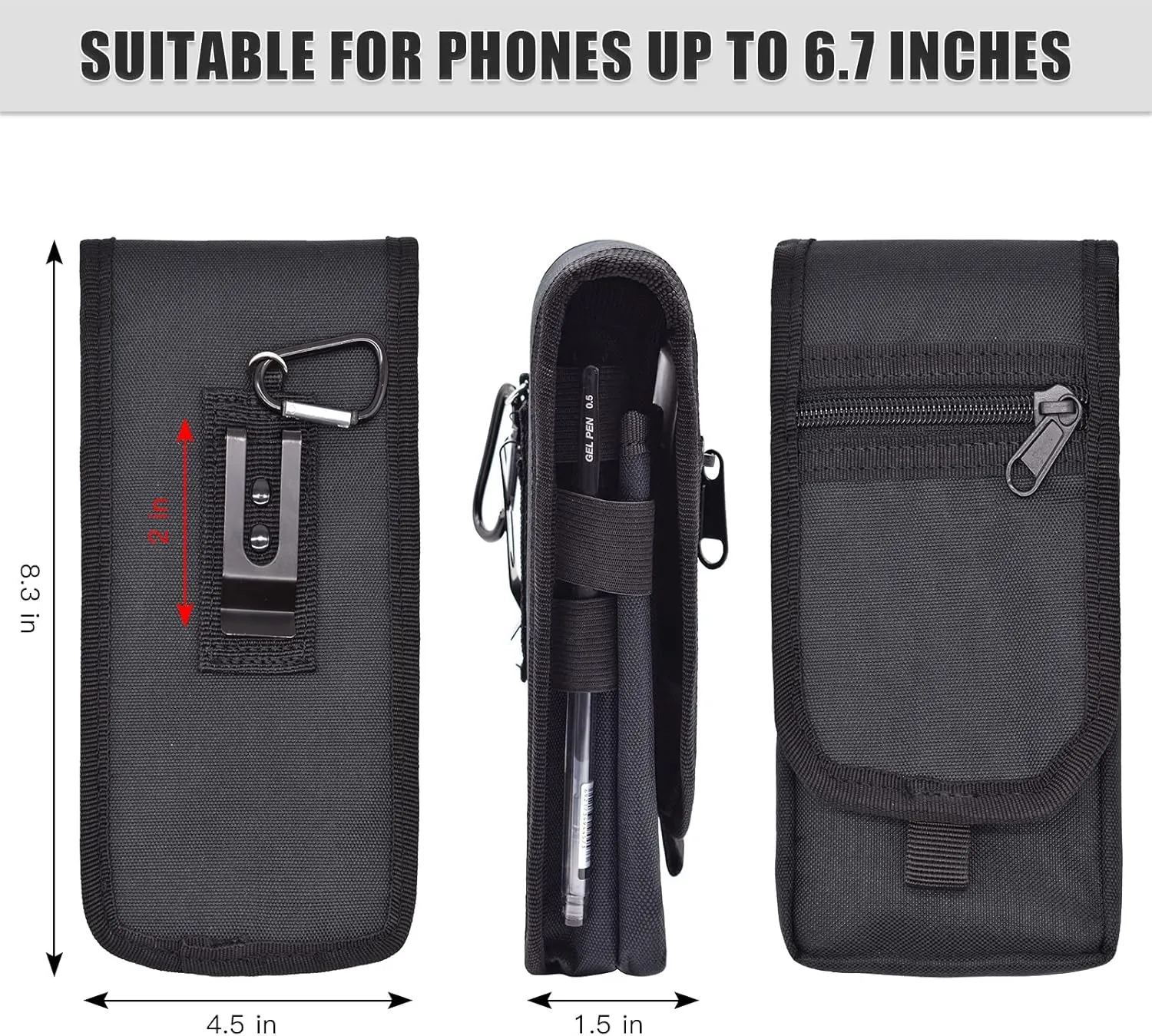 Dual Phone Holster,Belt Phone Pouch, Large Smartphone Pouch Cell Phone Holder, Multi-Purpose Tactical Cell Phone Holder for Work, Hiking, Camping, Barbecue, Rescue (Black)