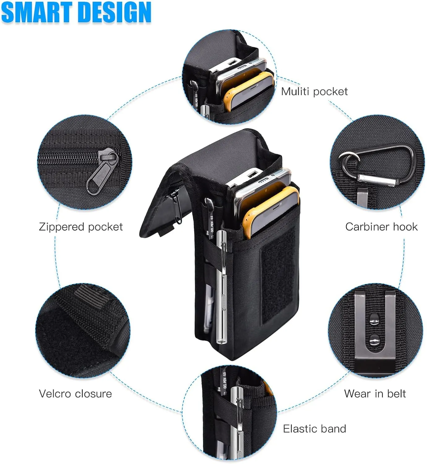 Dual Phone Holster,Belt Phone Pouch, Large Smartphone Pouch Cell Phone Holder, Multi-Purpose Tactical Cell Phone Holder for Work, Hiking, Camping, Barbecue, Rescue (Black)