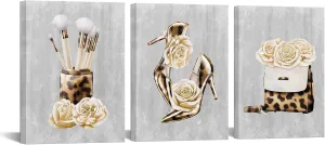 DuoBaorom Leopard Print Fashion Canvas Wall Art Grey and Gold Makeup Handbags High Heels Artwork for Women Girls Bedroom Decor