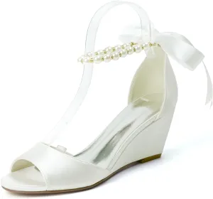 DXSYMJM Bridal Shoes Women's Mid Wedge Heel Pearl Ankle Strap Lace Up Party Evening Bridesmaid Shoes