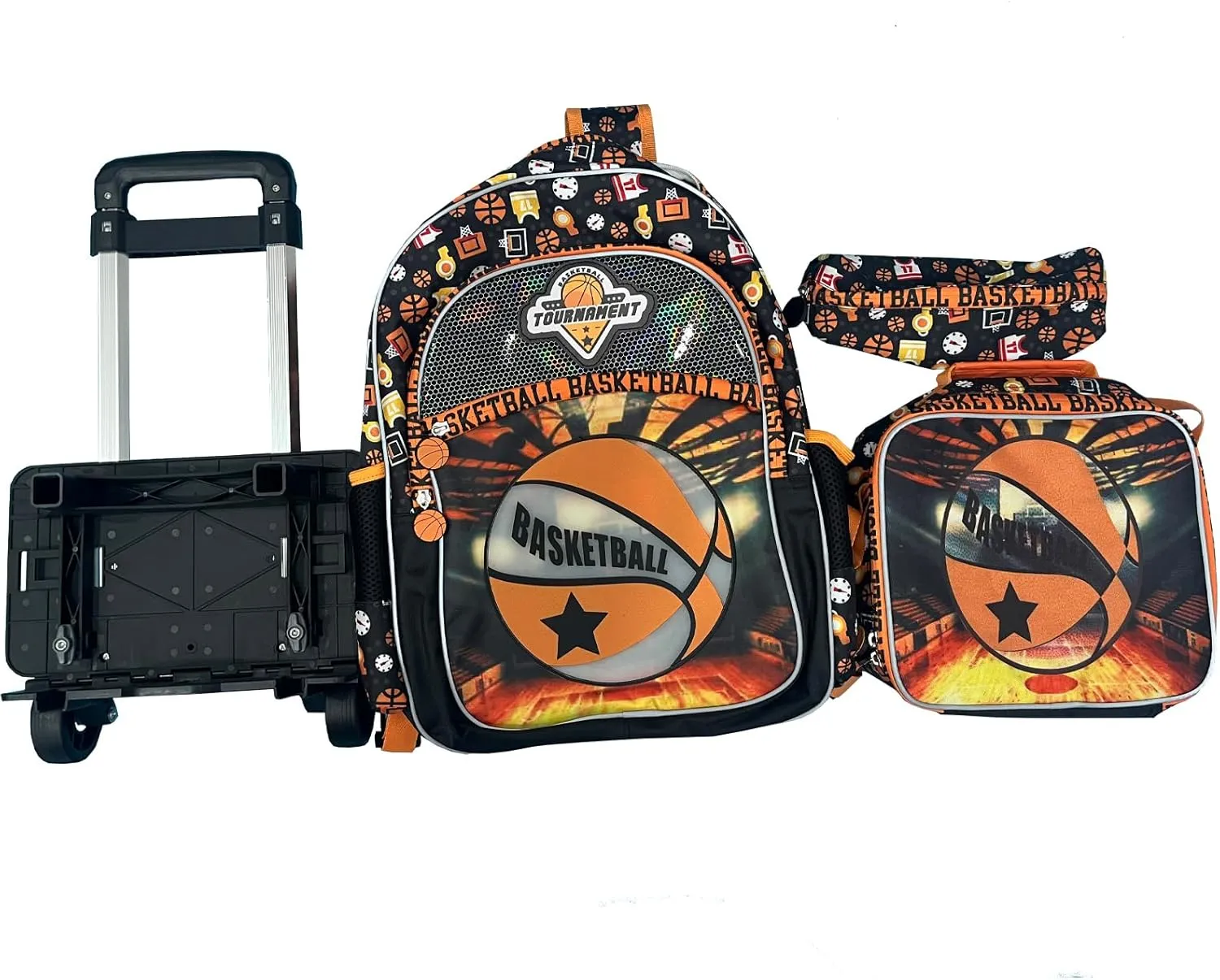 Egchescebo Kids Rolling Basketball Backpack for Boys Trolley Suitcases Luggage Travel with Wheels Detachable Wheeled 17" 3PCS Roller Backpacks Set Toddler Back Pack School Bags for Elementary Orange