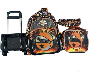 Egchescebo Kids Rolling Basketball Backpack for Boys Trolley Suitcases Luggage Travel with Wheels Detachable Wheeled 17" 3PCS Roller Backpacks Set Toddler Back Pack School Bags for Elementary Orange