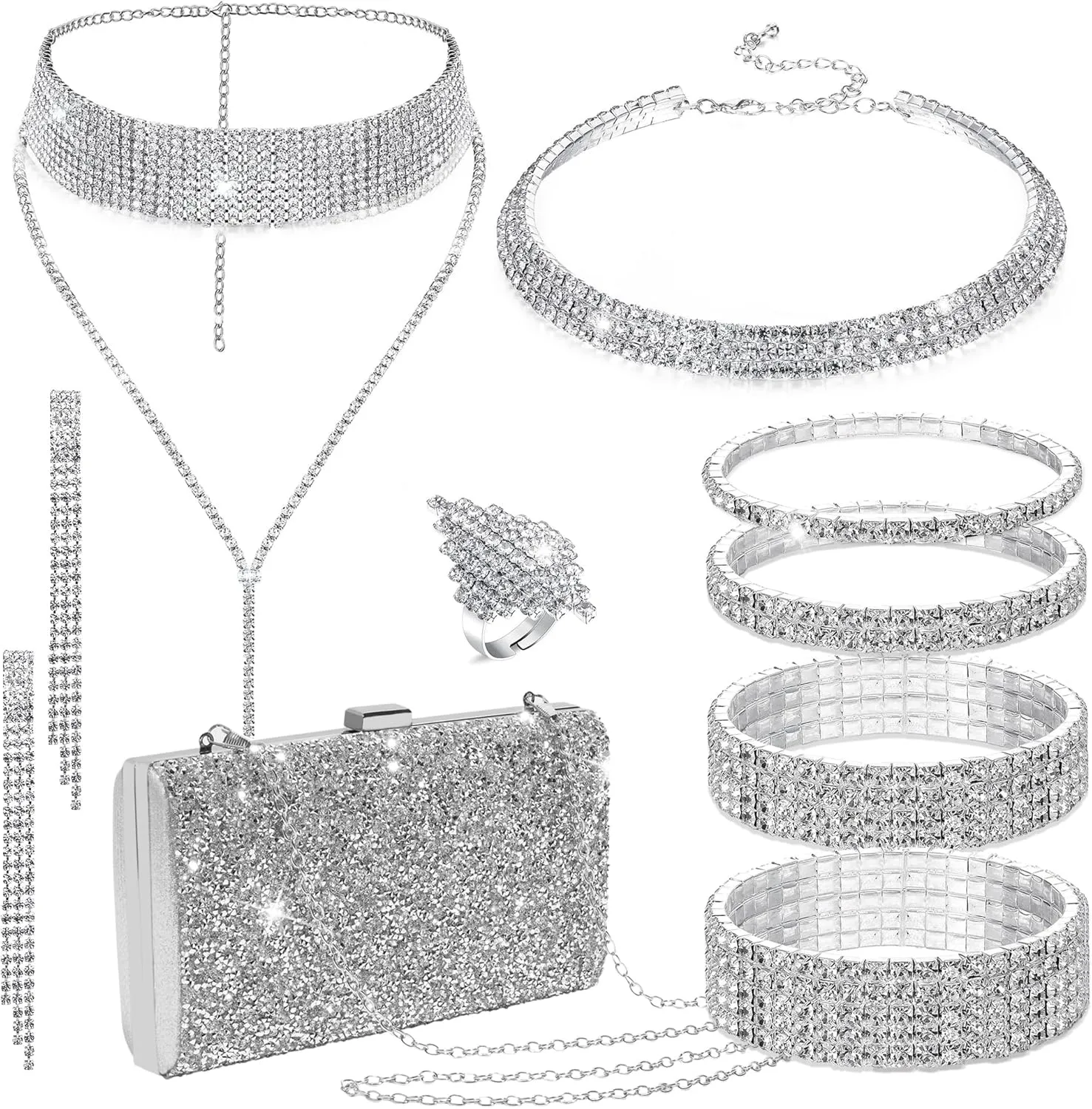 EIELO Rhinestone Jewelry Set for Women Wedding Bridal Triangle Clutch Bag Silver Clutch Purse Glitter Choker Necklace Tennis Stretch Bracelets Ring Dangle Fringe Earrings Set