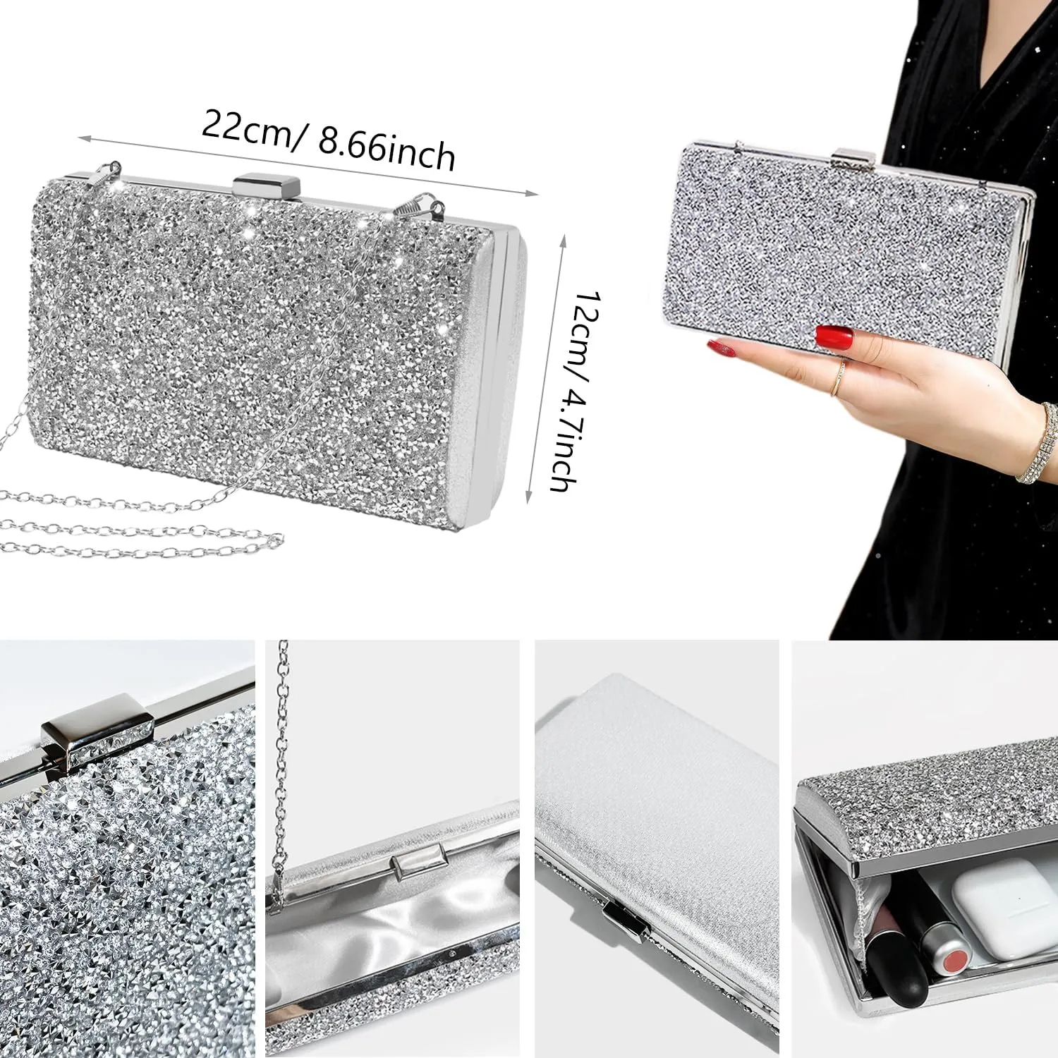 EIELO Rhinestone Jewelry Set for Women Wedding Bridal Triangle Clutch Bag Silver Clutch Purse Glitter Choker Necklace Tennis Stretch Bracelets Ring Dangle Fringe Earrings Set