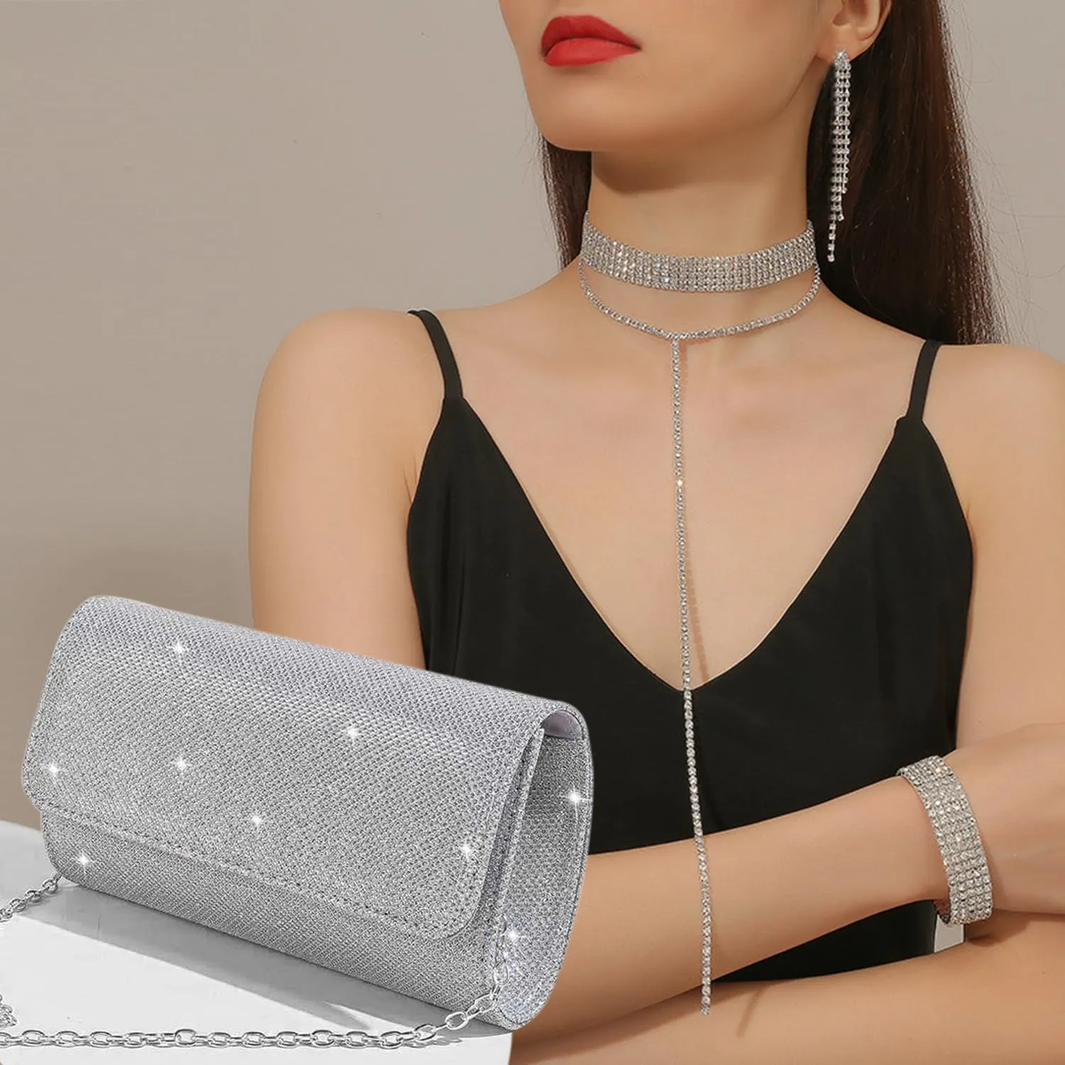 EIELO Rhinestone Jewelry Set for Women Wedding Bridal Triangle Clutch Bag Silver Clutch Purse Glitter Choker Necklace Tennis Stretch Bracelets Ring Dangle Fringe Earrings Set