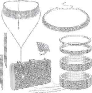 EIELO Rhinestone Jewelry Set for Women Wedding Bridal Triangle Clutch Bag Silver Clutch Purse Glitter Choker Necklace Tennis Stretch Bracelets Ring Dangle Fringe Earrings Set