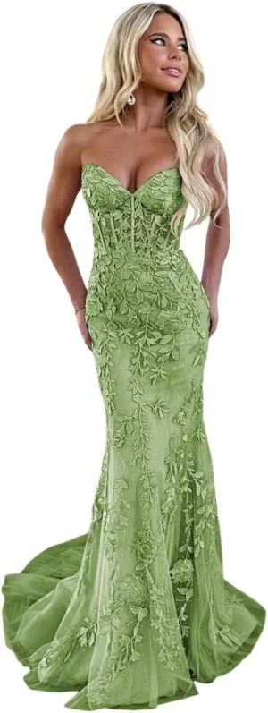 Elegant Lace Prom Dresses Long Strapless Corset Formal Evening Dress for Women Ball Gown Party RO119