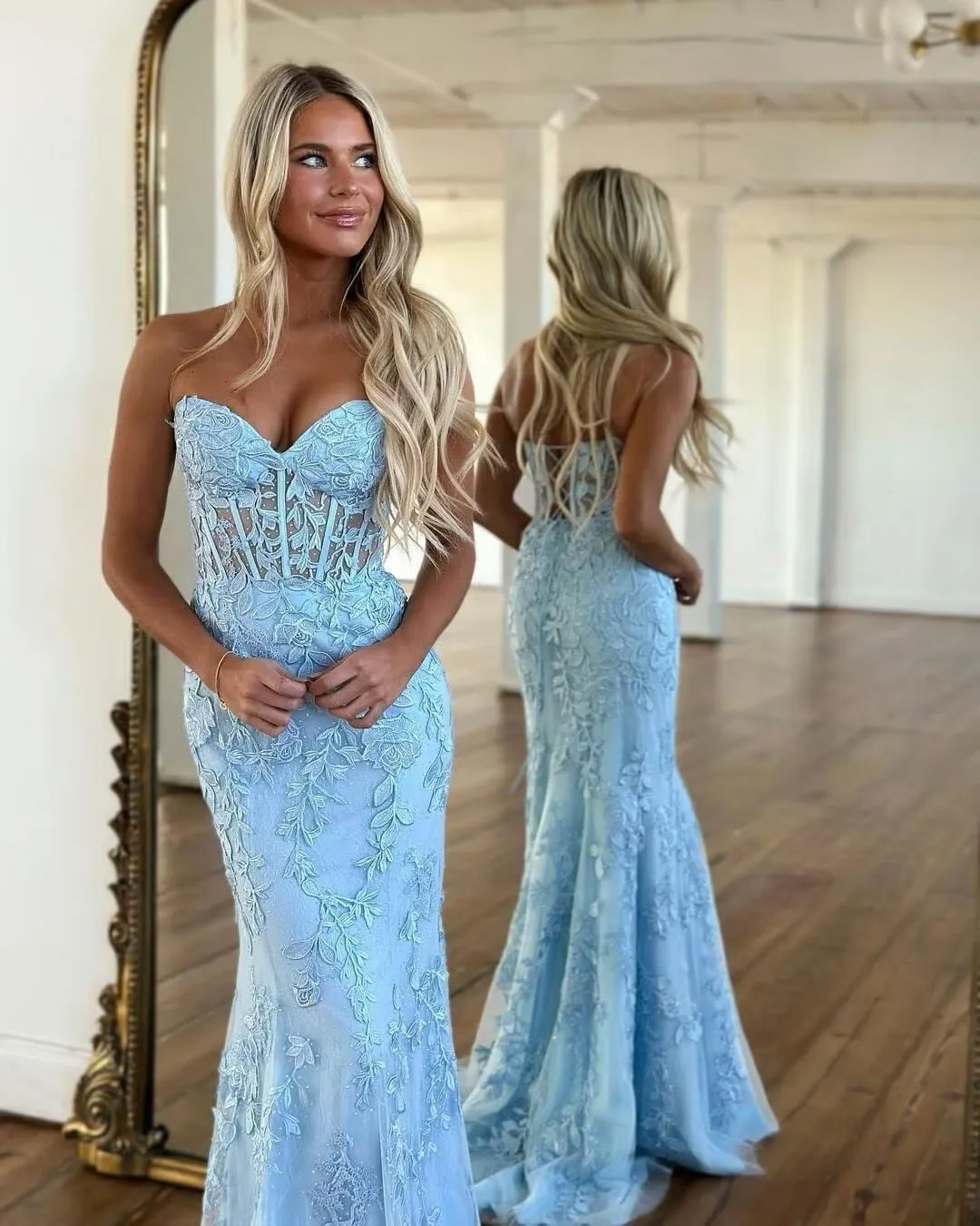 Elegant Lace Prom Dresses Long Strapless Corset Formal Evening Dress for Women Ball Gown Party RO119